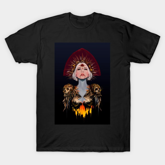 Vampire woman with golden skulls T-Shirt by ElizabethNspace